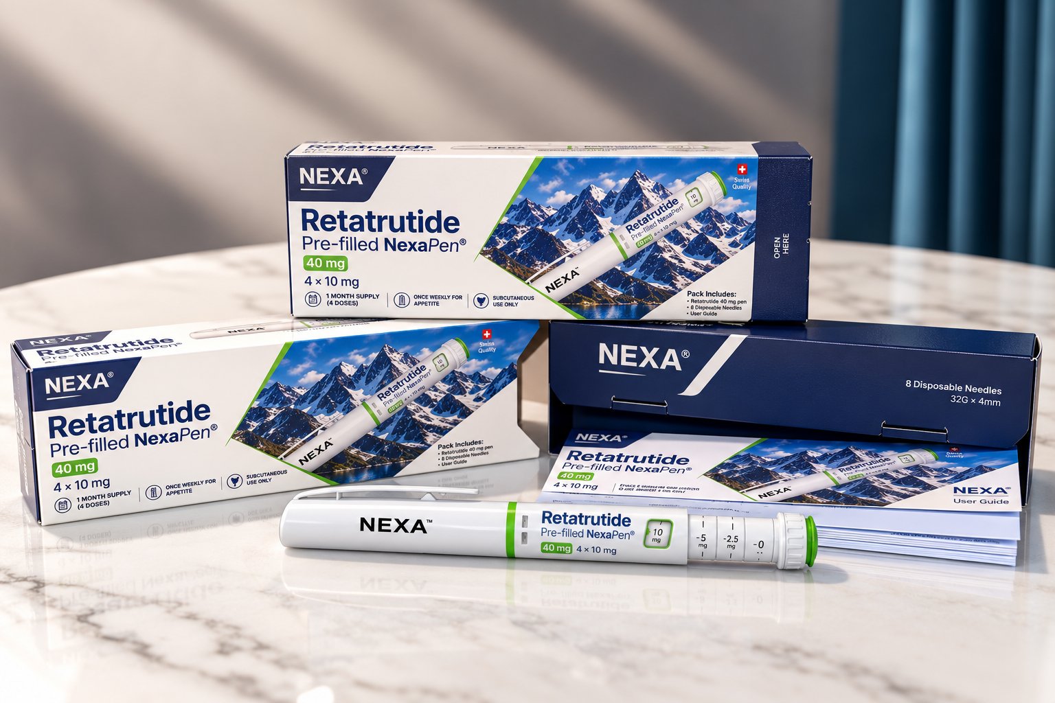 NEXA Retatrutide kit: boxes, pre-filled pen and user guide